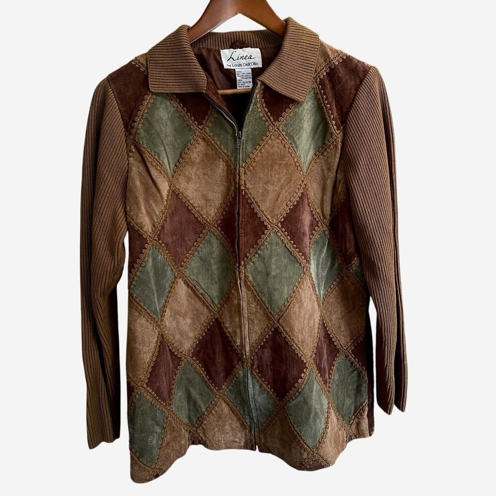 Argyle Patchwork Suede Jacket Women’s Boho Retro Earth Tone Zip Front Size Small
